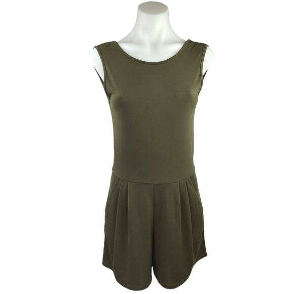 Melville Green Sleeveless Pleated Open Back Stretch Romper Shorts Jumpsuit Sz S - Picture 1 of 5